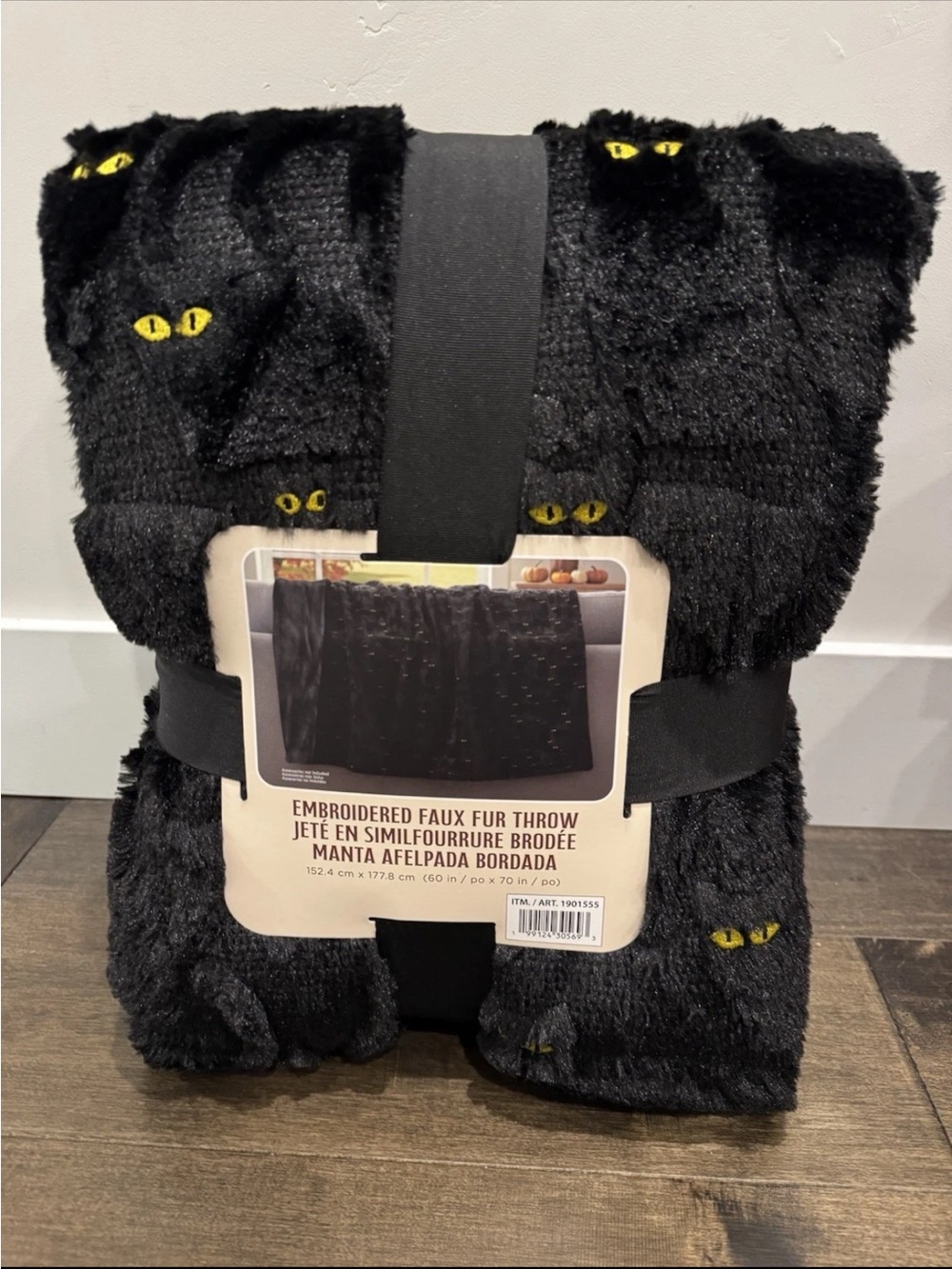 Black Cat Embroidered Faux Fur Costume Throw with Eyes Halloween